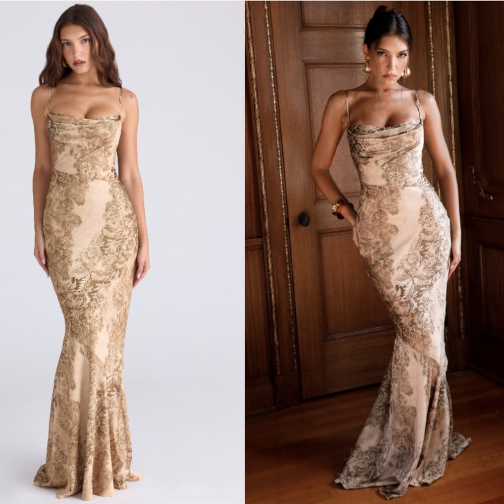 HOUSE OF CB 'Nalani' Gold Patterned Satin Maxi Dress- LIMITED EDITION NWOT - Picture 2 of 11